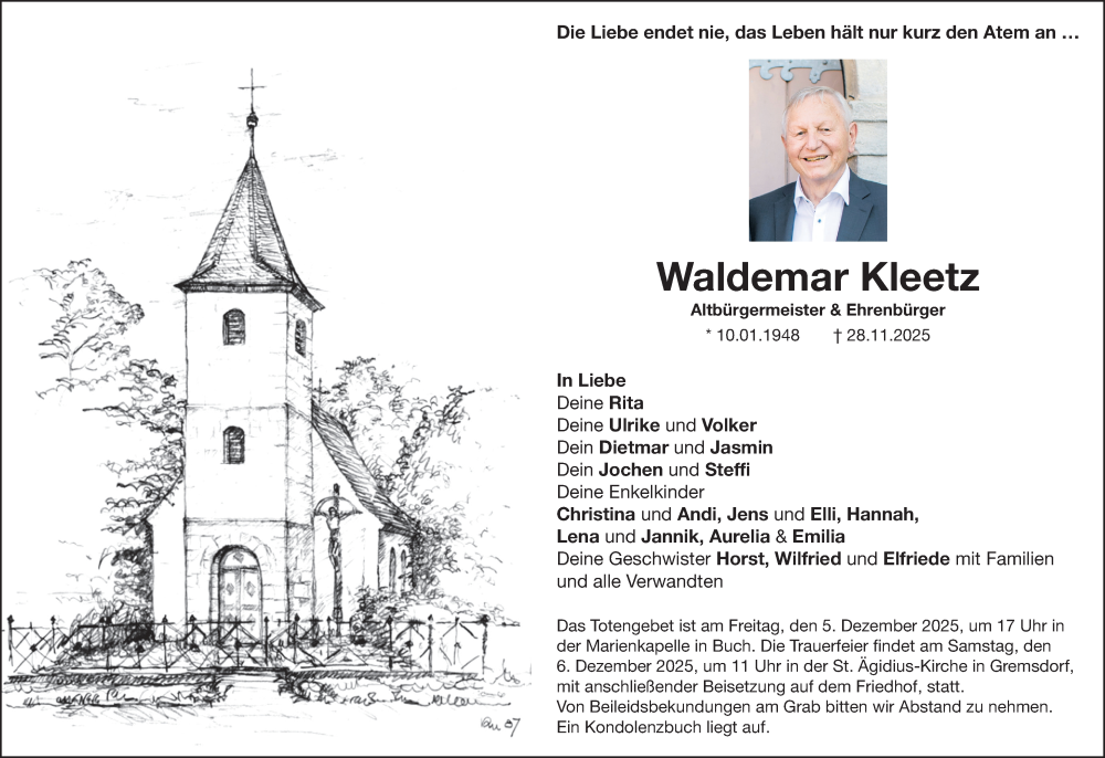 Traueranzeige für Waldemar Kleetz vom 03.12.2025 aus Nordbayerische Nachrichten Herzogenaurach Lokal