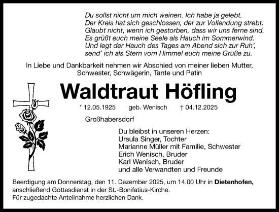 Traueranzeige von Waldtraut Höfling von Fürther Nachrichten Lokal