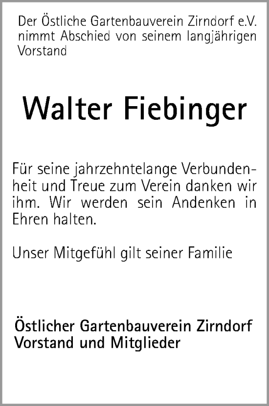 Traueranzeige von Walter Fiebinger von Fürther Nachrichten Lokal