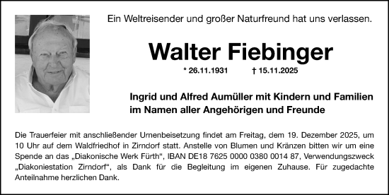 Traueranzeige von Walter Fiebinger von Fürther Nachrichten Lokal