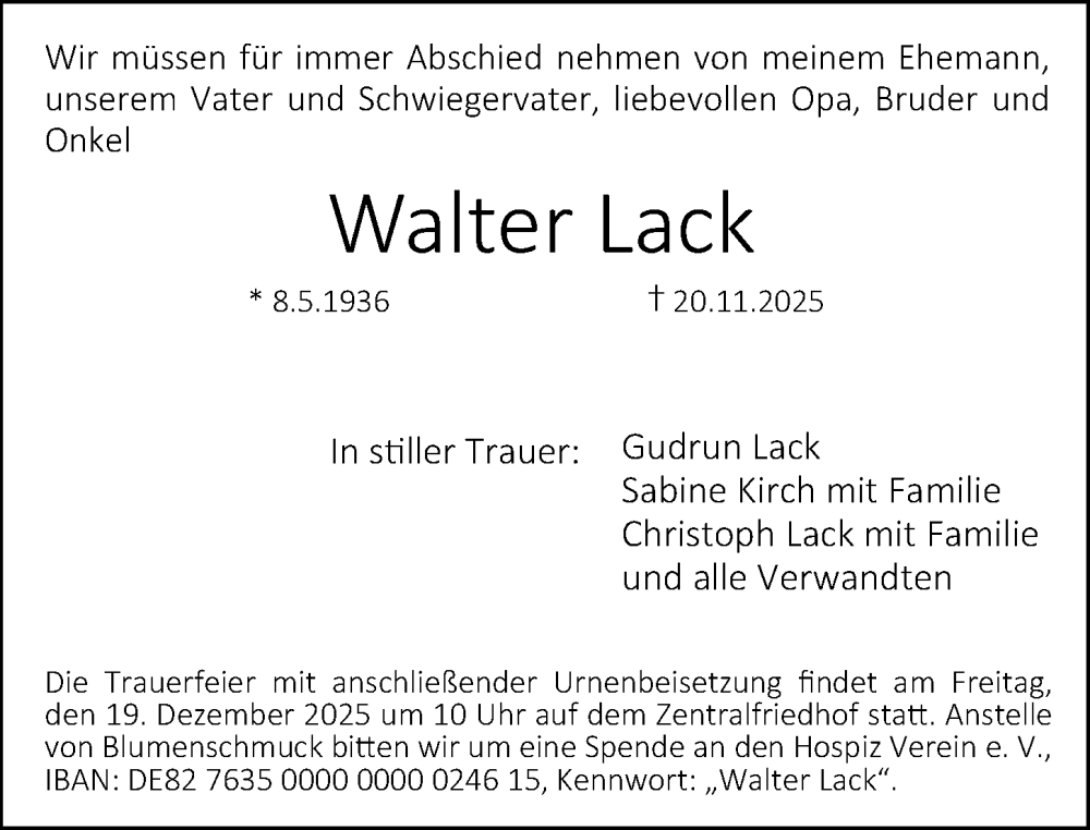  Traueranzeige für Walter Lack vom 13.12.2025 aus Erlanger Nachrichten Lokal