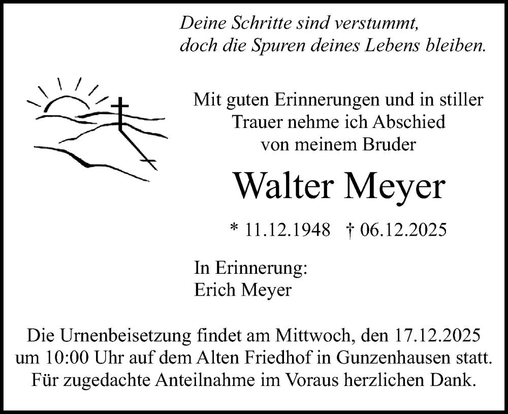  Traueranzeige für Walter Meyer vom 15.12.2025 aus Altmühl-Bote Lokal