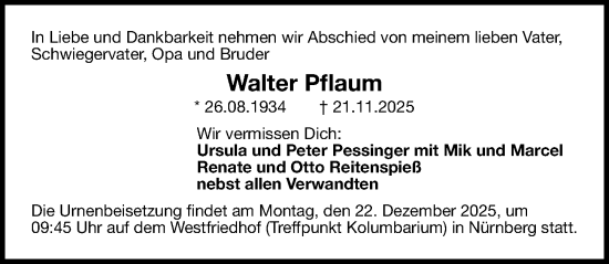 Traueranzeige von Walter Pflaum von Gesamtausgabe Nürnberger Nachrichten/ Nürnberger Ztg.