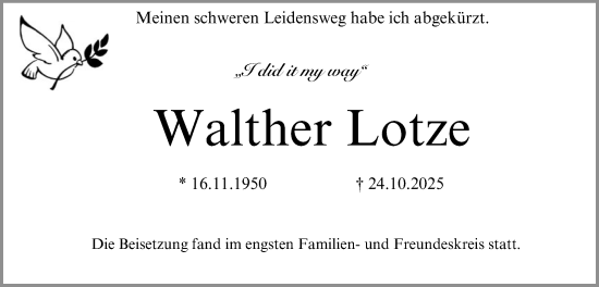 Traueranzeige von Walther Lotze von Erlanger Nachrichten Lokal