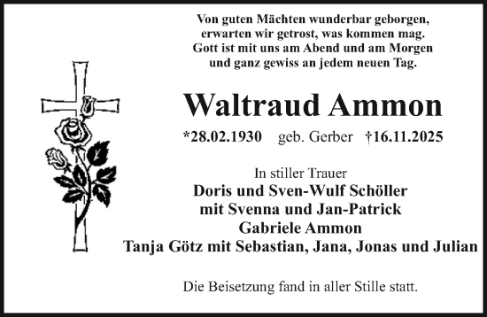 Traueranzeige von Waltraud Ammon von Erlanger Nachrichten Lokal