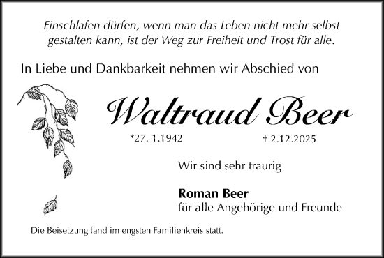Traueranzeige von Waltraud Beer von Gesamtausgabe Nürnberger Nachrichten/ Nürnberger Ztg.