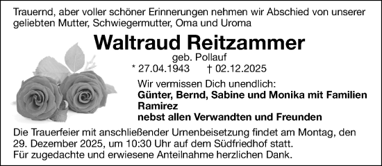 Traueranzeige von Waltraud Reitzammer von Gesamtausgabe Nürnberger Nachrichten/ Nürnberger Ztg.