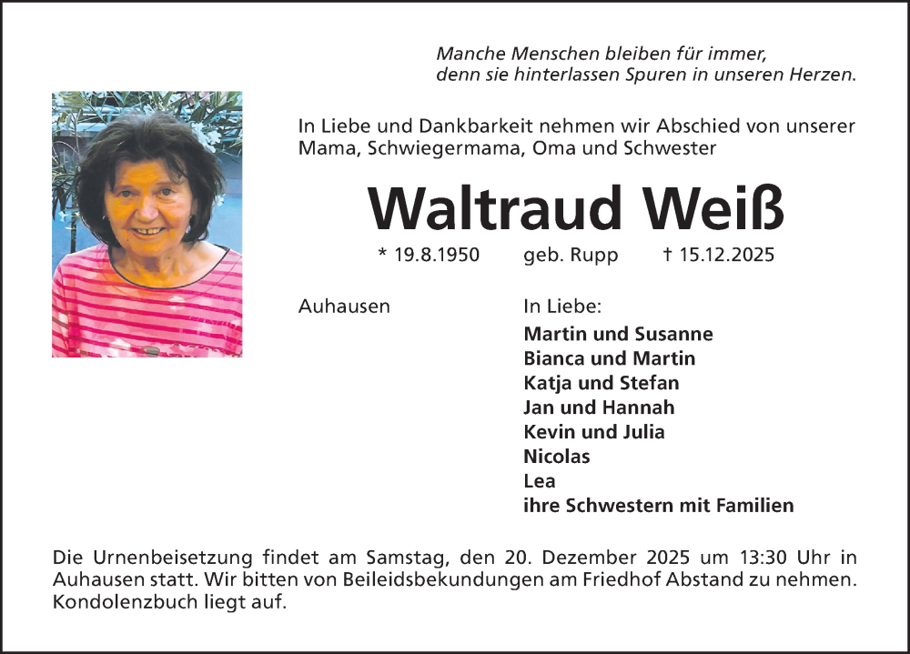  Traueranzeige für Waltraud Weiß vom 19.12.2025 aus Altmühl-Bote Lokal