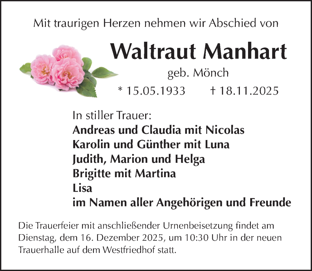  Traueranzeige für Waltraut Manhart vom 13.12.2025 aus Gesamtausgabe Nürnberger Nachrichten/ Nürnberger Ztg.