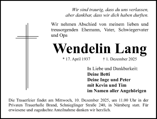 Traueranzeige von Wendelin Lang von Gesamtausgabe Nürnberger Nachrichten/ Nürnberger Ztg.