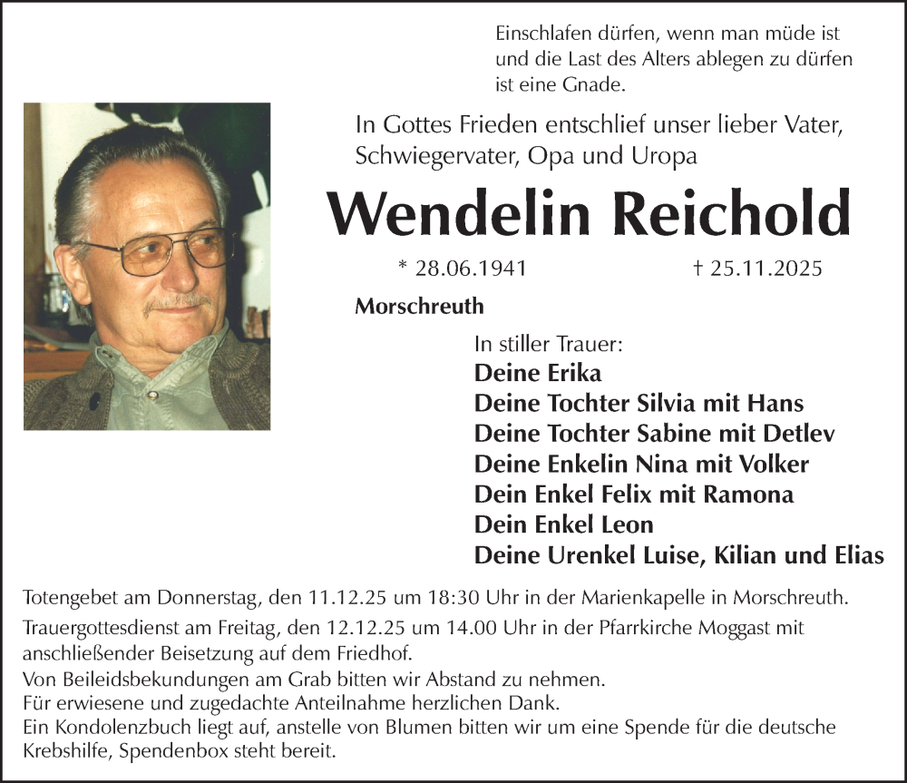  Traueranzeige für Wendelin Reichold vom 06.12.2025 aus Nordbayerische Nachrichten Forchheim Lokal