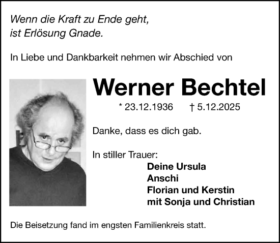Traueranzeige von Werner Bechtel von Gesamtausgabe Nürnberger Nachrichten/ Nürnberger Ztg.