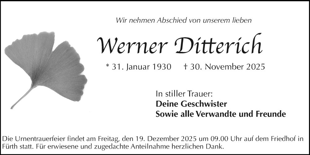  Traueranzeige für Werner Ditterich vom 13.12.2025 aus Gesamtausgabe Nürnberger Nachrichten/ Nürnberger Ztg./ Fürther Nachrichten