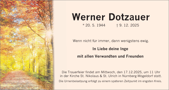 Traueranzeige von Werner Dotzauer von Gesamtausgabe Nürnberger Nachrichten/ Nürnberger Ztg.