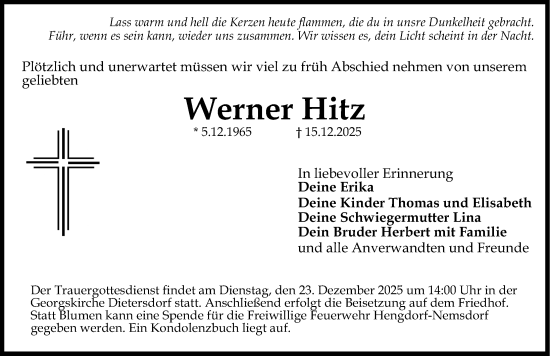 Traueranzeige von Werner Hitz von Schwabacher Tagblatt Lokal