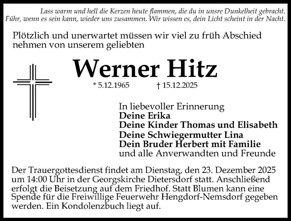  Traueranzeige für Werner Hitz vom 20.12.2025 aus Gesamtausgabe Nürnberger Nachrichten/ Nürnberger Ztg.