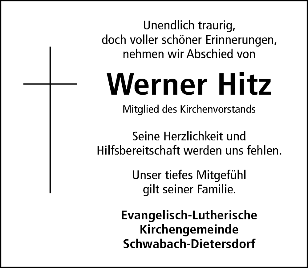  Traueranzeige für Werner Hitz vom 20.12.2025 aus Schwabacher Tagblatt Lokal
