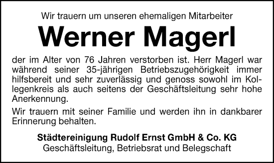 Traueranzeige von Werner Magerl von Altmühl-Bote Lokal