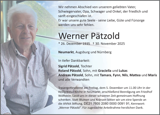Traueranzeige von Werner Pätzold von Neumarkter Nachrichten Lokal