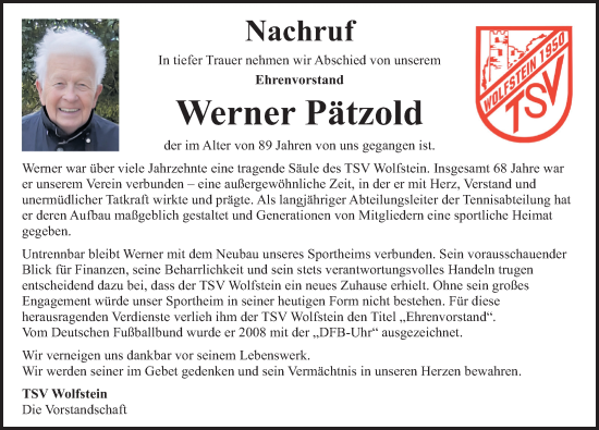 Traueranzeige von Werner Pätzold von Neumarkter Nachrichten Lokal