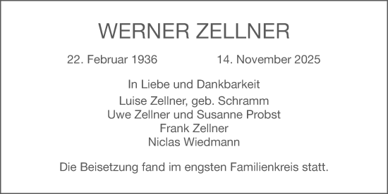 Traueranzeige von Werner Zellner von Gesamtausgabe Nürnberger Nachrichten/ Nürnberger Ztg.
