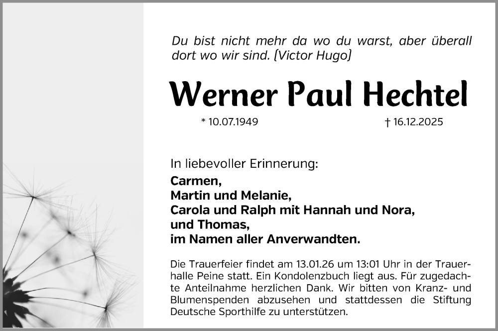  Traueranzeige für Werner Paul Hechtel vom 23.12.2025 aus Schwabacher Tagblatt Lokal