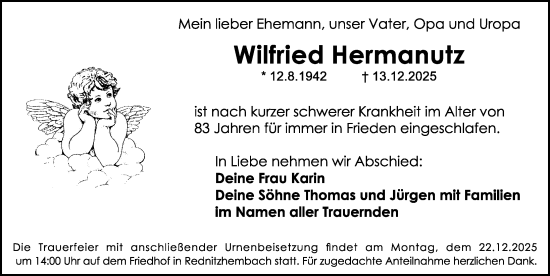 Traueranzeige von Wilfried Hermanutz von Schwabacher Tagblatt Lokal