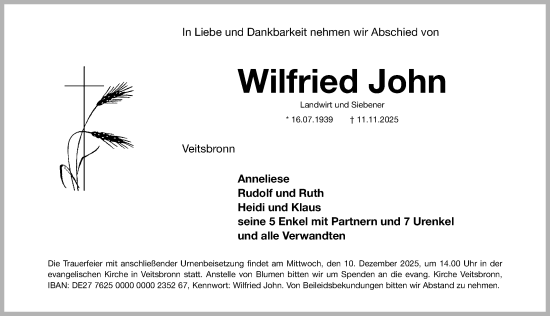 Traueranzeige von Wilfried John von Fürther Nachrichten Lokal