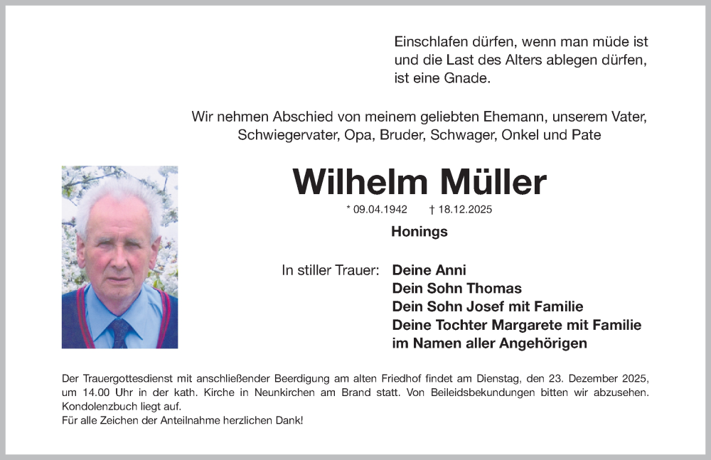  Traueranzeige für Wilhelm Müller vom 20.12.2025 aus Nordbayerische Nachrichten Forchheim Lokal