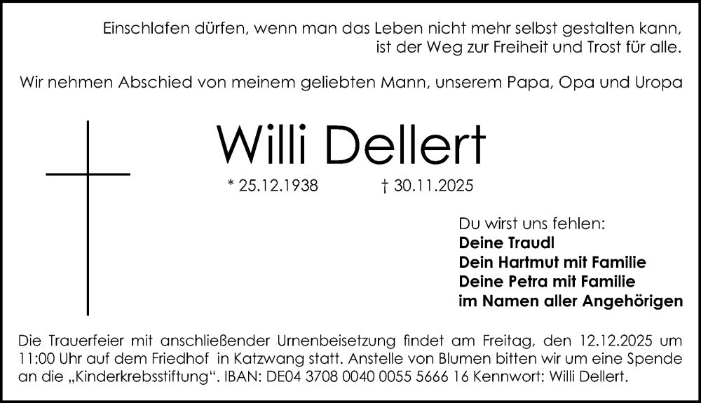  Traueranzeige für Willi Dellert vom 06.12.2025 aus Gesamtausgabe Nürnberger Nachrichten/ Nürnberger Ztg.