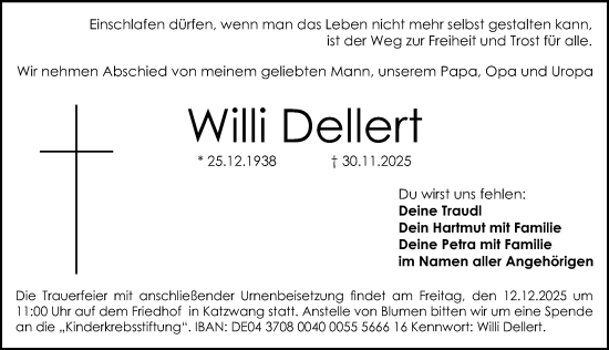 Traueranzeige von Willi Dellert von Gesamtausgabe Nürnberger Nachrichten/ Nürnberger Ztg.