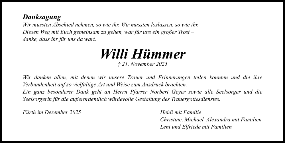  Traueranzeige für Willi Hümmer vom 20.12.2025 aus Fürther Nachrichten Lokal