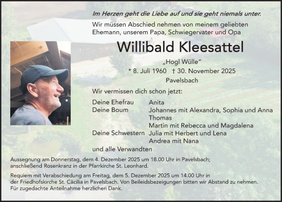 Traueranzeige von Willibald Kleesattel von Neumarkter Nachrichten Lokal