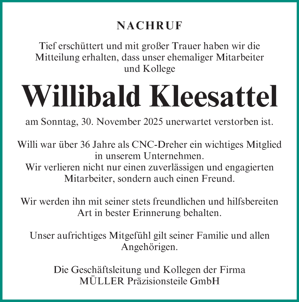  Traueranzeige für Willibald Kleesattel vom 05.12.2025 aus Neumarkter Nachrichten Lokal