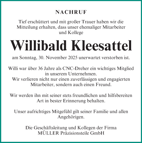 Traueranzeige von Willibald Kleesattel von Neumarkter Nachrichten Lokal