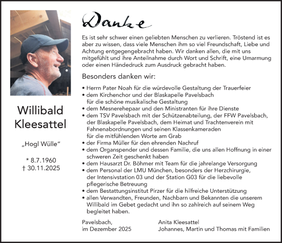 Traueranzeige von Willibald Kleesattel von Neumarkter Nachrichten Lokal