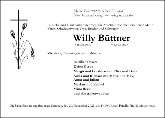 Traueranzeige von Willy Büttner von Altmühl-Bote Lokal