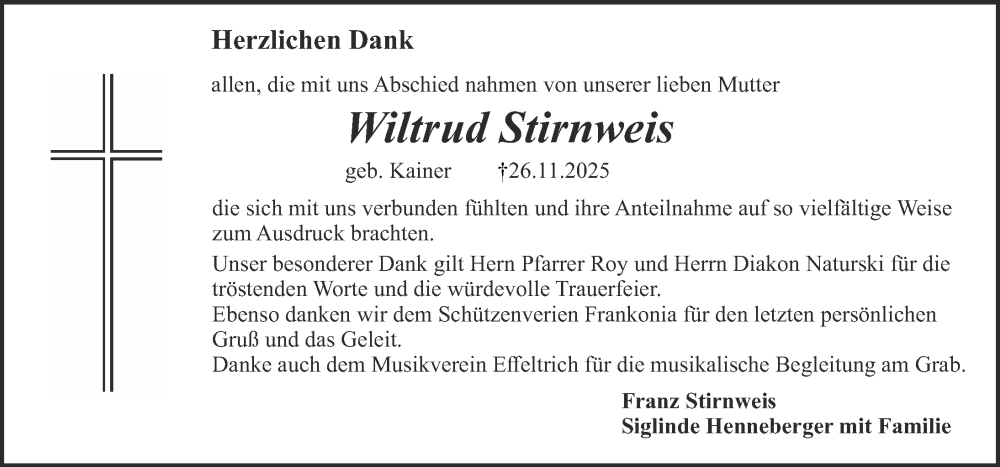  Traueranzeige für Wiltrud Stirnweis vom 20.12.2025 aus Nordbayerische Nachrichten Forchheim Lokal
