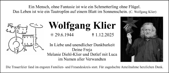 Traueranzeige von Wolfgang Klier von Erlanger Nachrichten Lokal