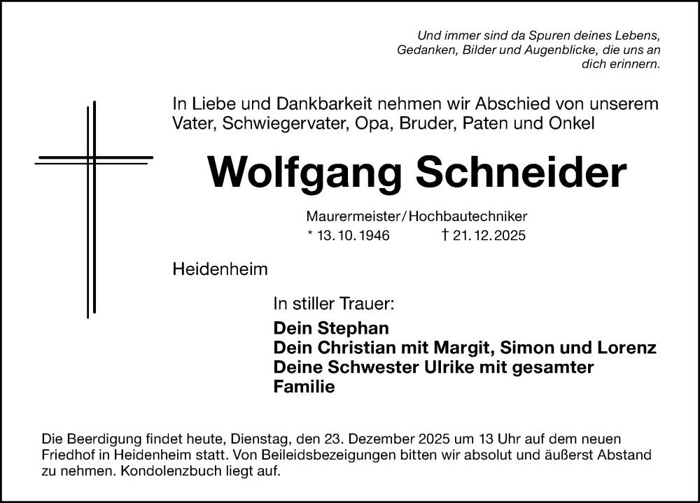  Traueranzeige für Wolfgang Schneider vom 23.12.2025 aus Altmühl-Bote Lokal