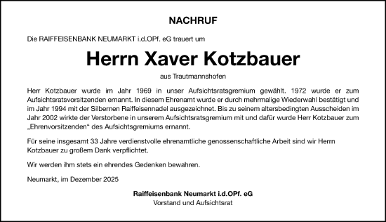 Traueranzeige von Xaver Kotzbauer von Neumarkter Nachrichten Lokal