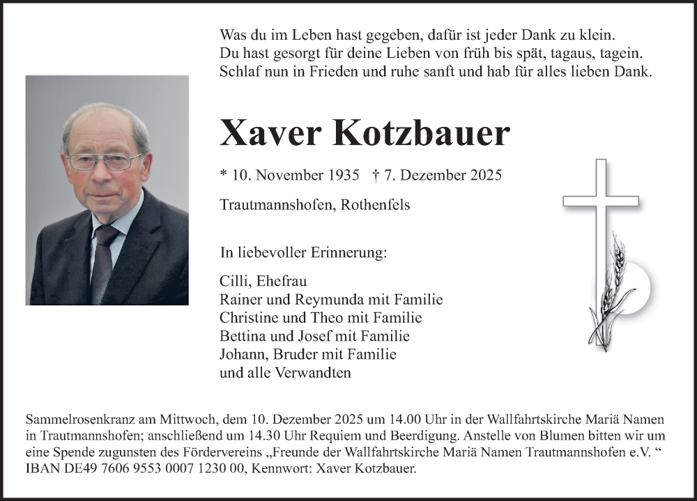  Traueranzeige für Xaver Kotzbauer vom 09.12.2025 aus Neumarkter Nachrichten Lokal