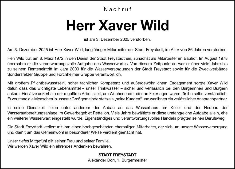  Traueranzeige für Xaver Wild vom 06.12.2025 aus Neumarkter Nachrichten Lokal
