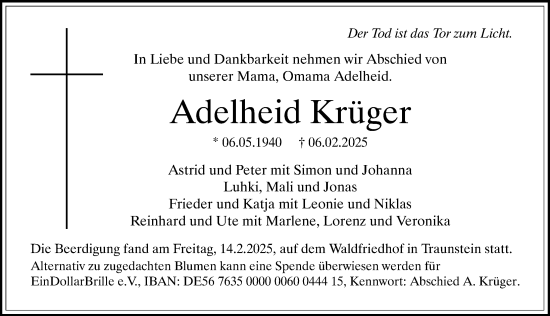 Traueranzeige von Adelheid Krüger von Erlanger Nachrichten Lokal