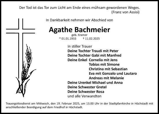 Traueranzeige von Agathe Bachmeier von Nordbayerische Nachrichten Herzogenaurach Lokal