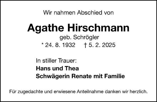 Traueranzeige von Agathe Hirschmann von Gesamtausgabe Nürnberger Nachrichten/ Nürnberger Ztg.