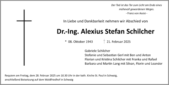 Traueranzeige von Alexius Stefan Schilcher von Gesamtausgabe Nürnberger Nachrichten/ Nürnberger Ztg.