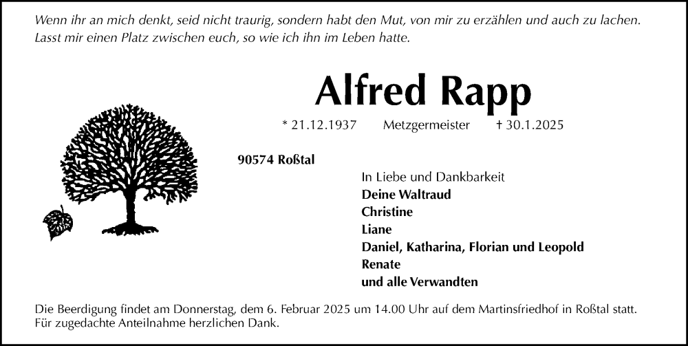  Traueranzeige für Alfred Rapp vom 04.02.2025 aus Gesamtausgabe Nürnberger Nachrichten/ Nürnberger Ztg.
