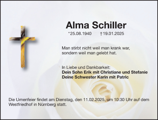 Traueranzeige von Alma Schiller von Gesamtausgabe Nürnberger Nachrichten/ Nürnberger Ztg.