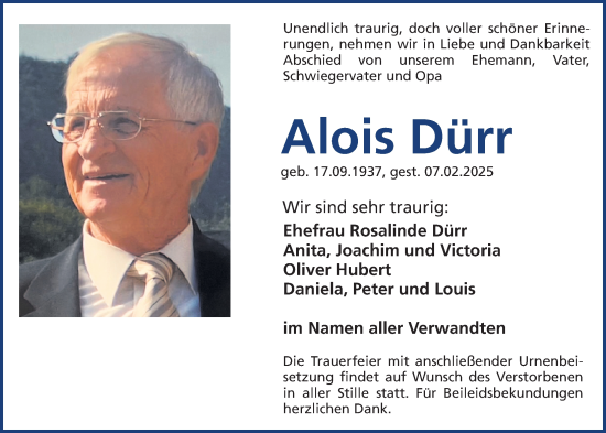 Traueranzeige von Alois Dürr von Neumarkter Nachrichten Lokal